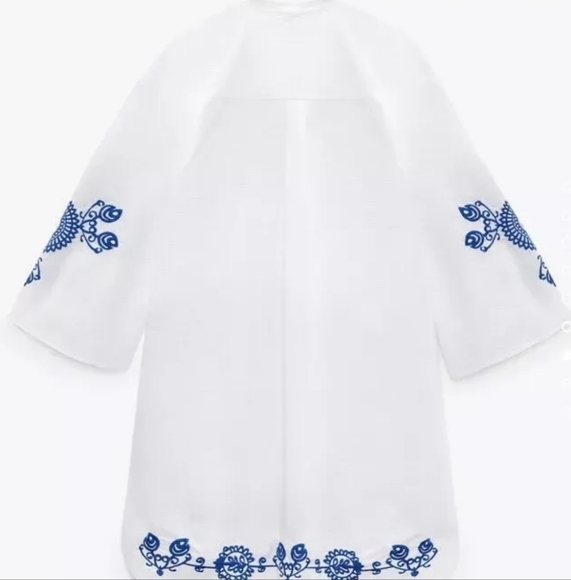 Zara White With Blue Floral Embroidery Dress Boho Retro XS 100% Cotton - Picture 2 of 7